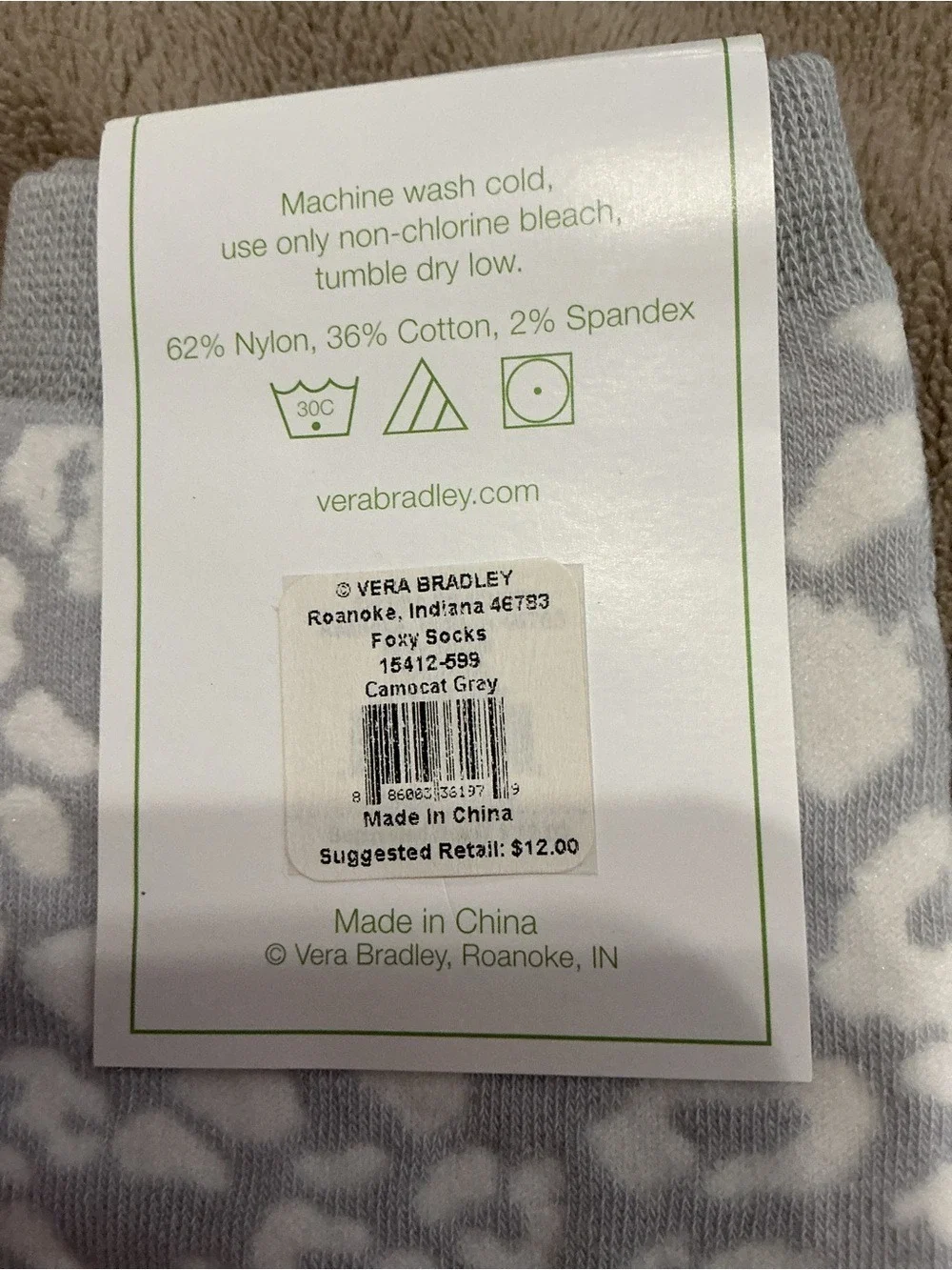 Vera Bradley Foxy Socks Camocat Gray One Size Fits Most Animal Print Crew Socks